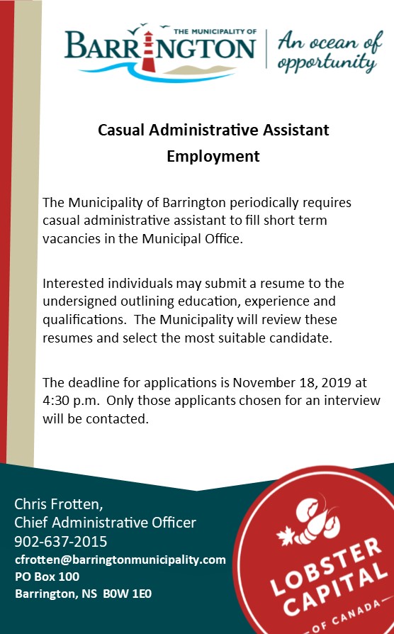Employment Opportunity – Casual Administrative Assistant