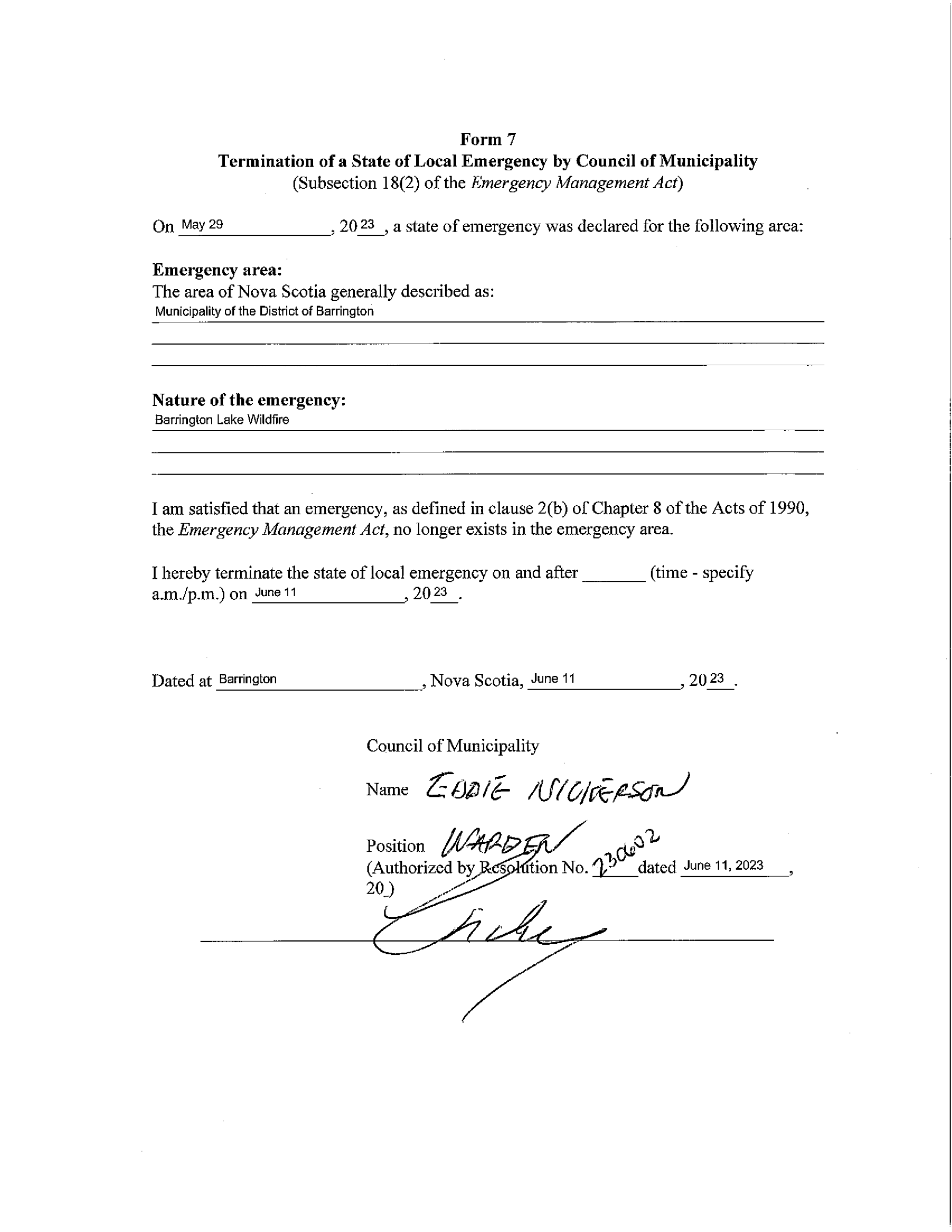 Local State of Emergency Terminated